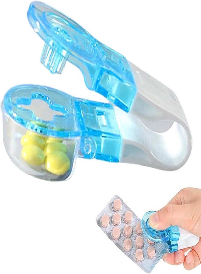 Junfamilee Blue Portable Pill Taker, Tablets Pills Blister Pack Opener Assistance Tool, Pill Splitter Cutter for Small Pills, Travel Pill Taker, Pill Dispenser, Storage Box Medication Dispenser, Medication Aids - Image 1